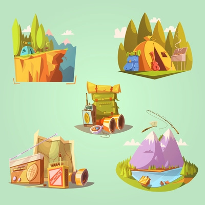 Hiking cartoon set with tent guitar and food on green background isolated vector illustration