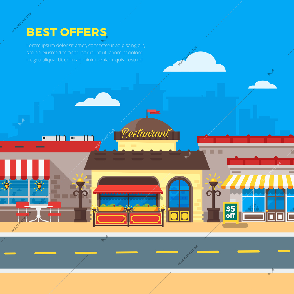 Best offers bright cafe and restaurant side by side on city background flat vector illustration