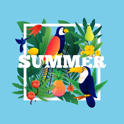 Summer tropical frame with plants fruits and birds vector illustration