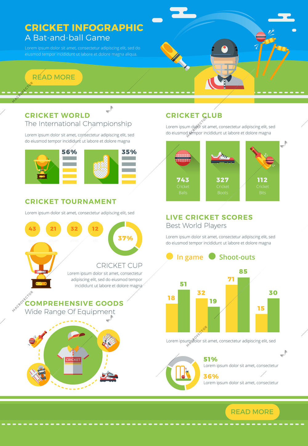 Colorful infographic cricket poster presenting information about club tournament goods and scores of best world players flat vector illustration