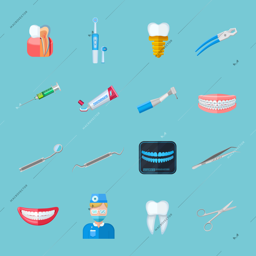 Dentist isolated flat icons set of dental tweezers syringe forceps dentures toothbrush tube of toothpaste vector illustration