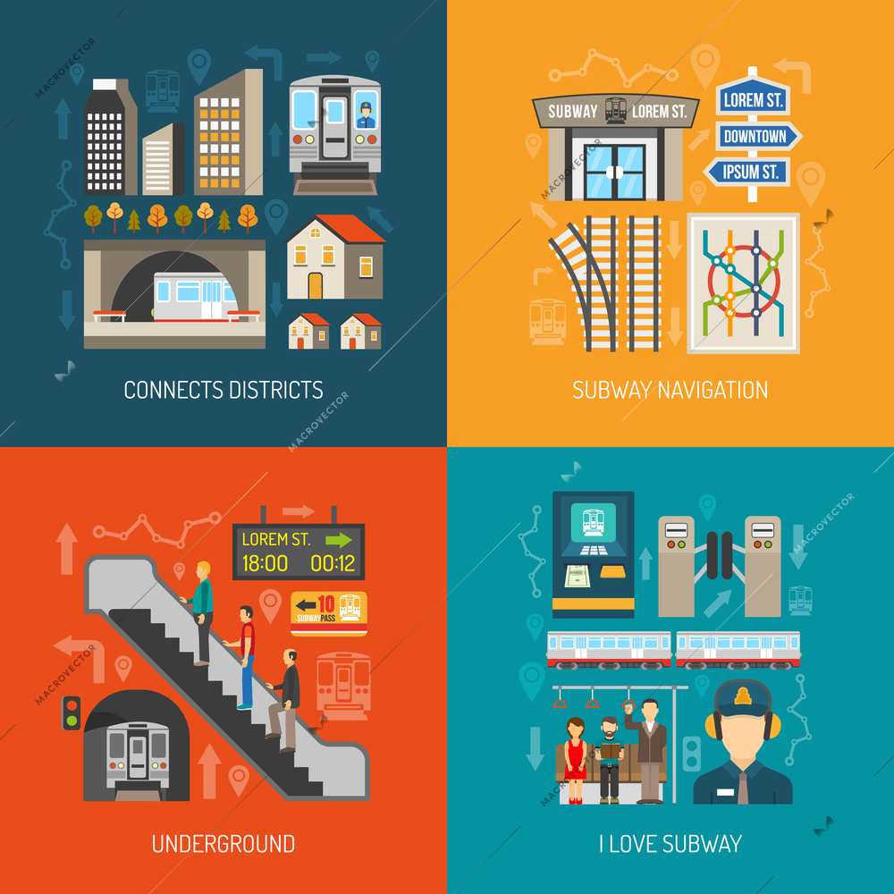 Concept of 2x2 images underground connects districts subway navigation and i love subway flat vector illustration