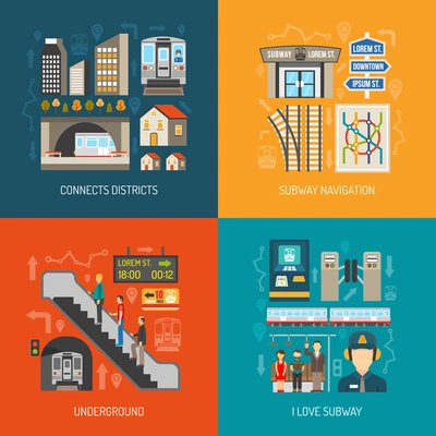 Concept of 2x2 images underground connects districts subway navigation and i love subway flat vector illustration