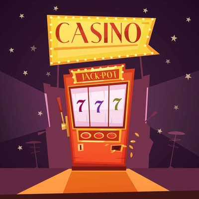 Sparkling casino with jackpot slot machine flat retro cartoon vector illustration