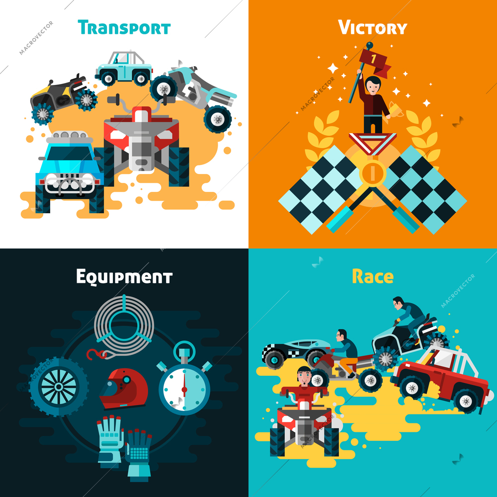 Offroad concept icons set with victory and race symbols flat isolated vector illustration