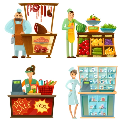 Traditional counter service shops sellers at work 4 cartoon compositions icons with butcher and grocery store vector illustration