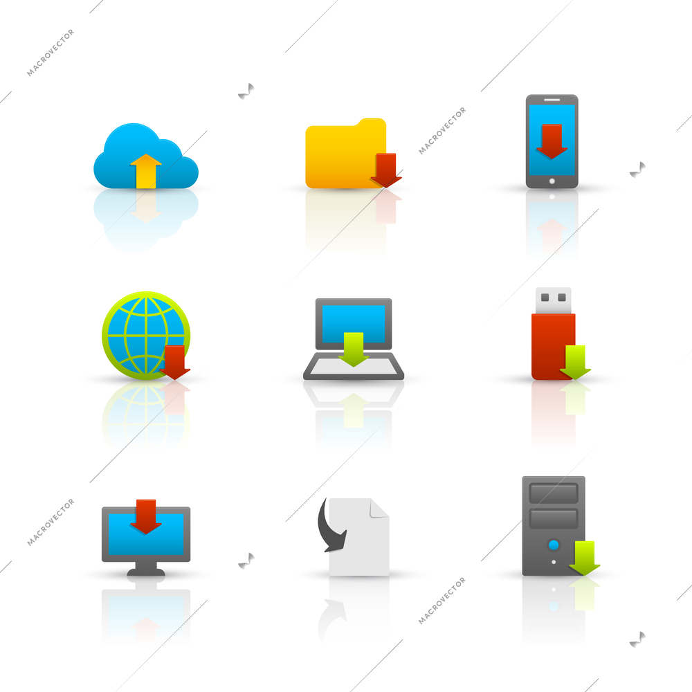 Internet download symbols collection for computer and mobile electronic devices glossy pictograms set isolated vector illustration