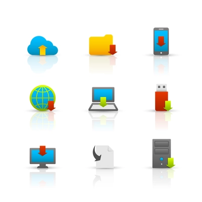 Internet download symbols collection for computer and mobile electronic devices glossy pictograms set isolated vector illustration