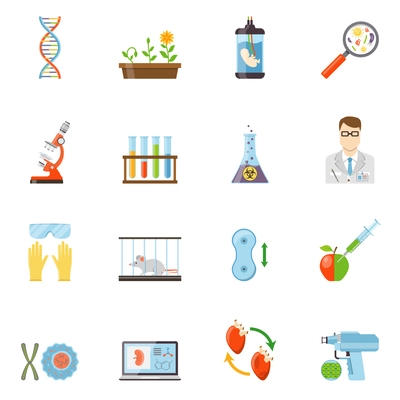 Biotechnology and genetics flat color icons set of microscope embryo DNA molecule  experiments with animals and plants vector illustration