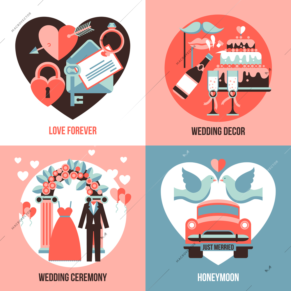 Love forever honeymoon wedding ceremony and wedding decor abstract compositions flat 2x2 set vector illustration