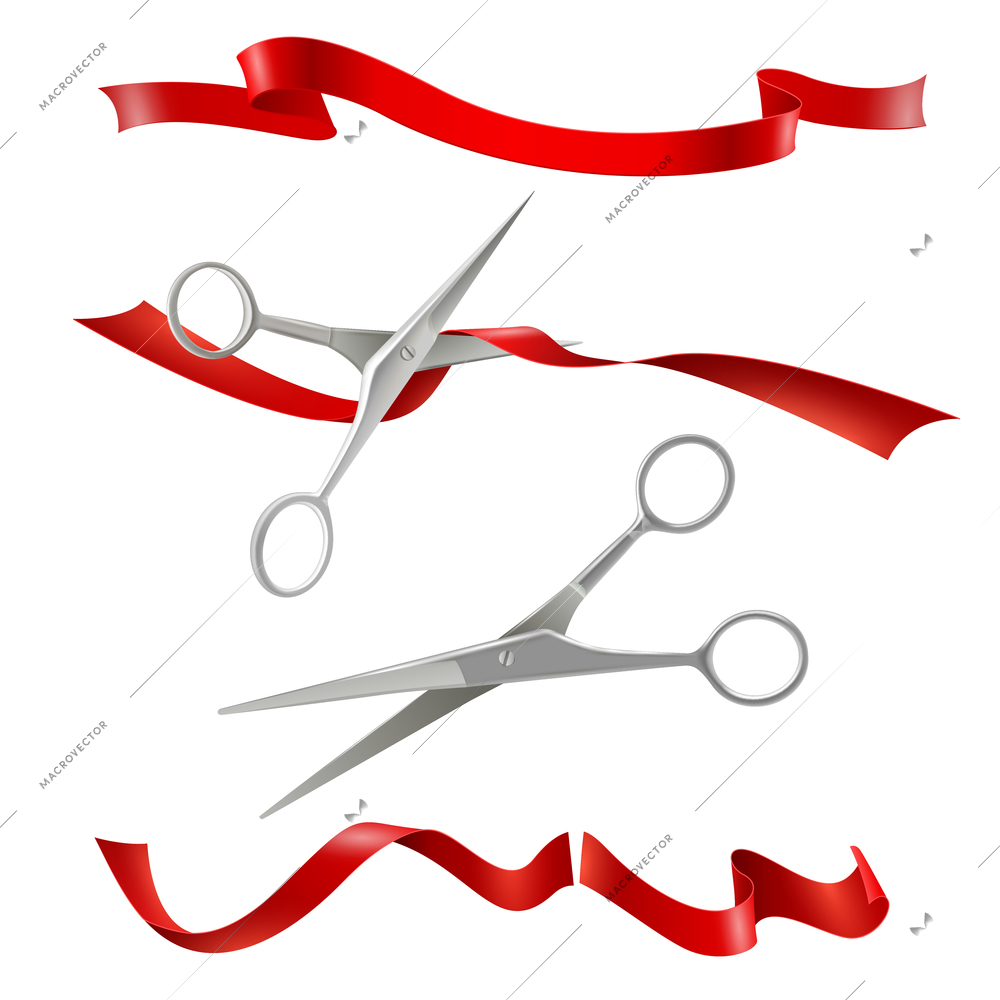 Realistic metal scissors for grand opening inauguration event with red ribbon cutting public ceremony image vector illustration