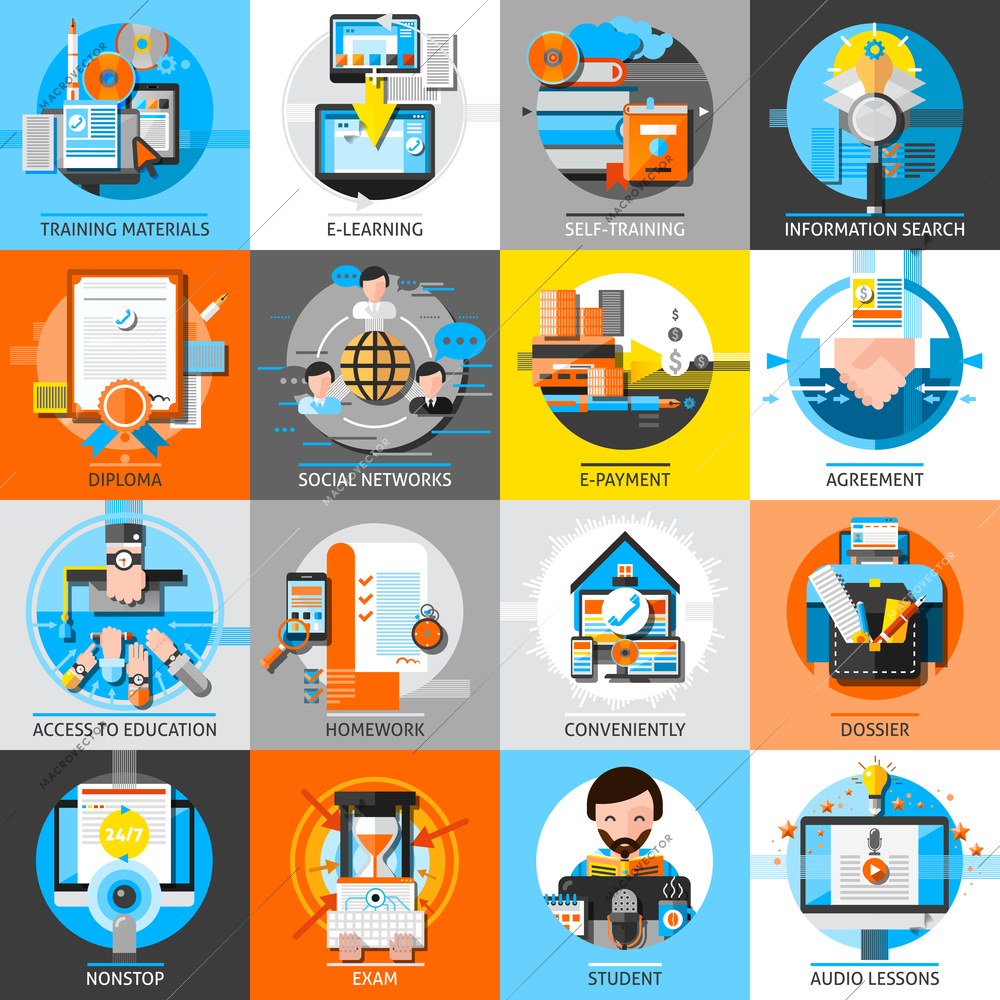 Online education flat color icons set of training materials audio lessons homework self education dossier design compositions isolated vector illustration
