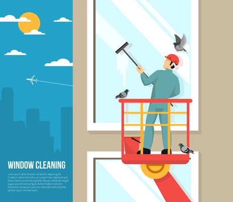 Professional washer cleaning tall office building windows with rubber squeezer flat placard poster abstract vector illustration