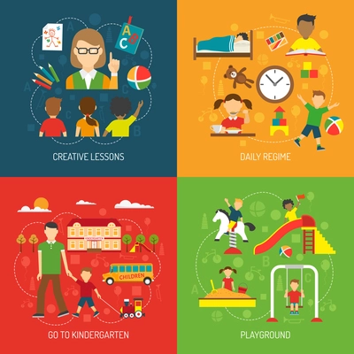 Creative lessons daily regime go to kindergarten and playground 2x2 concept flat vector illustration