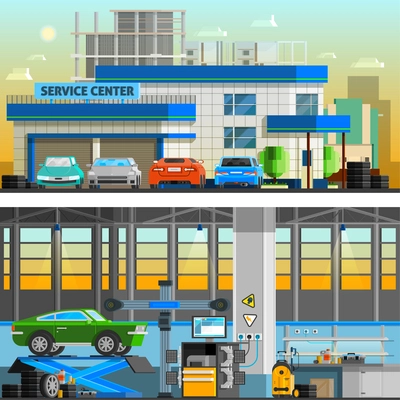 Auto service flat horizontal banners with parking near service center building and  workshop indoor interior with equipment for diagnostics and repair automobiles vector illustration