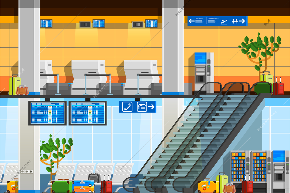 Airport terminal flat composition with departure lounge touristic baggage schedule scoreboard escalator decorative elements vector illustration