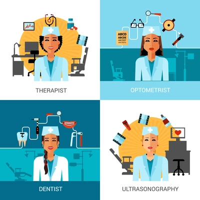 Medical workers concept set with avatar of therapist dentist optometrist isolated vector illustration