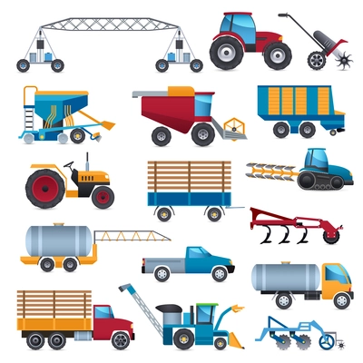 Agricultural and farming machines icons set with tractor combine and plough flat isolated vector illustration