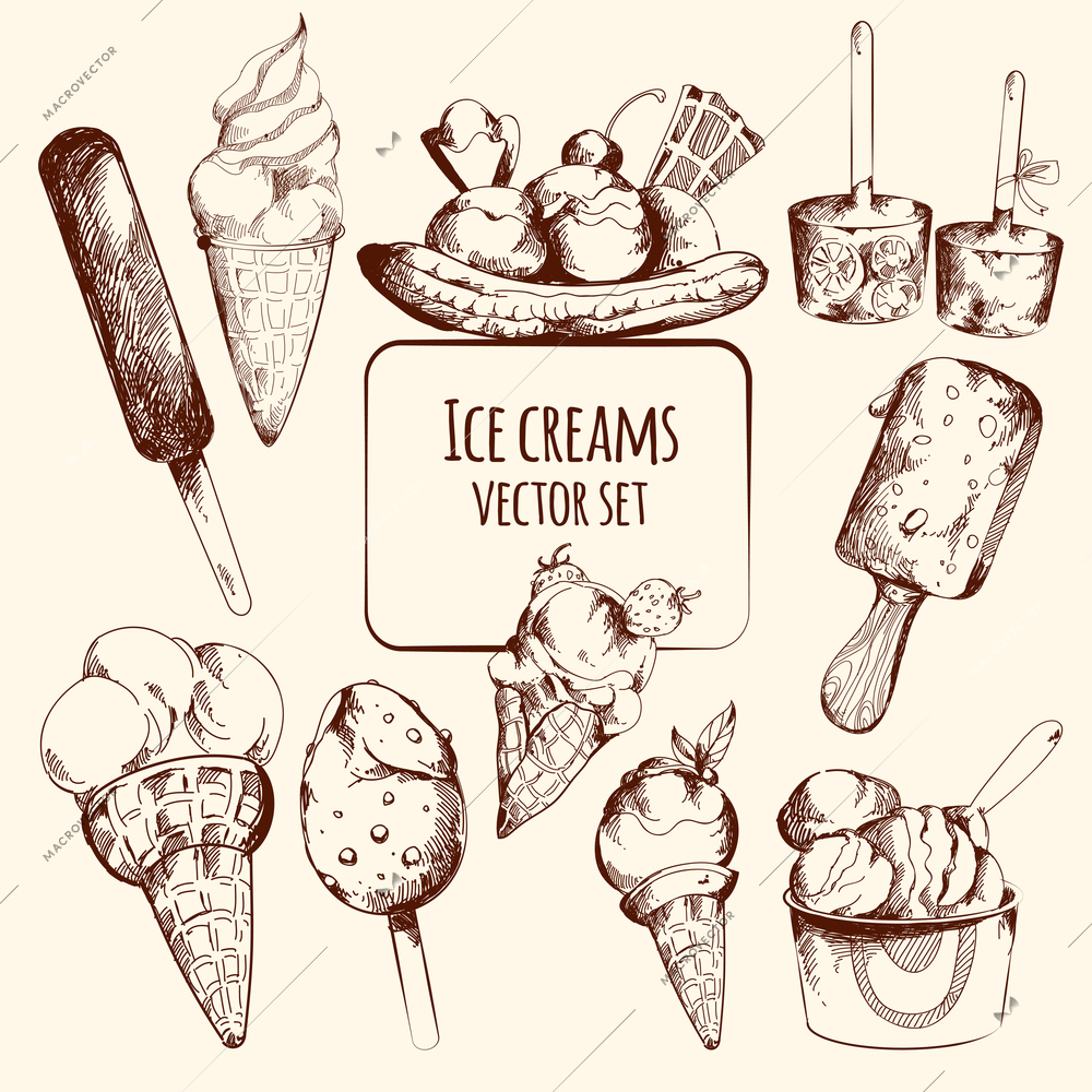 Ice cream sweet cold dessert sketch set isolated vector illustration