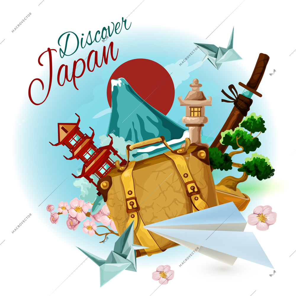 Discover japan poster with cartoon suitcase mountain and sakura vector illustration