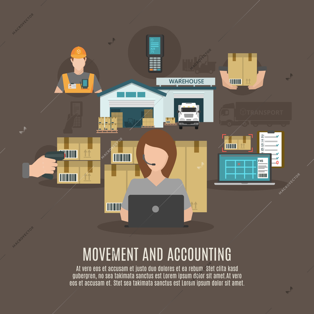 Warehouse storeroom facilities accounting and goods moving and transportation concept flat icons combination banner abstract vector illustration