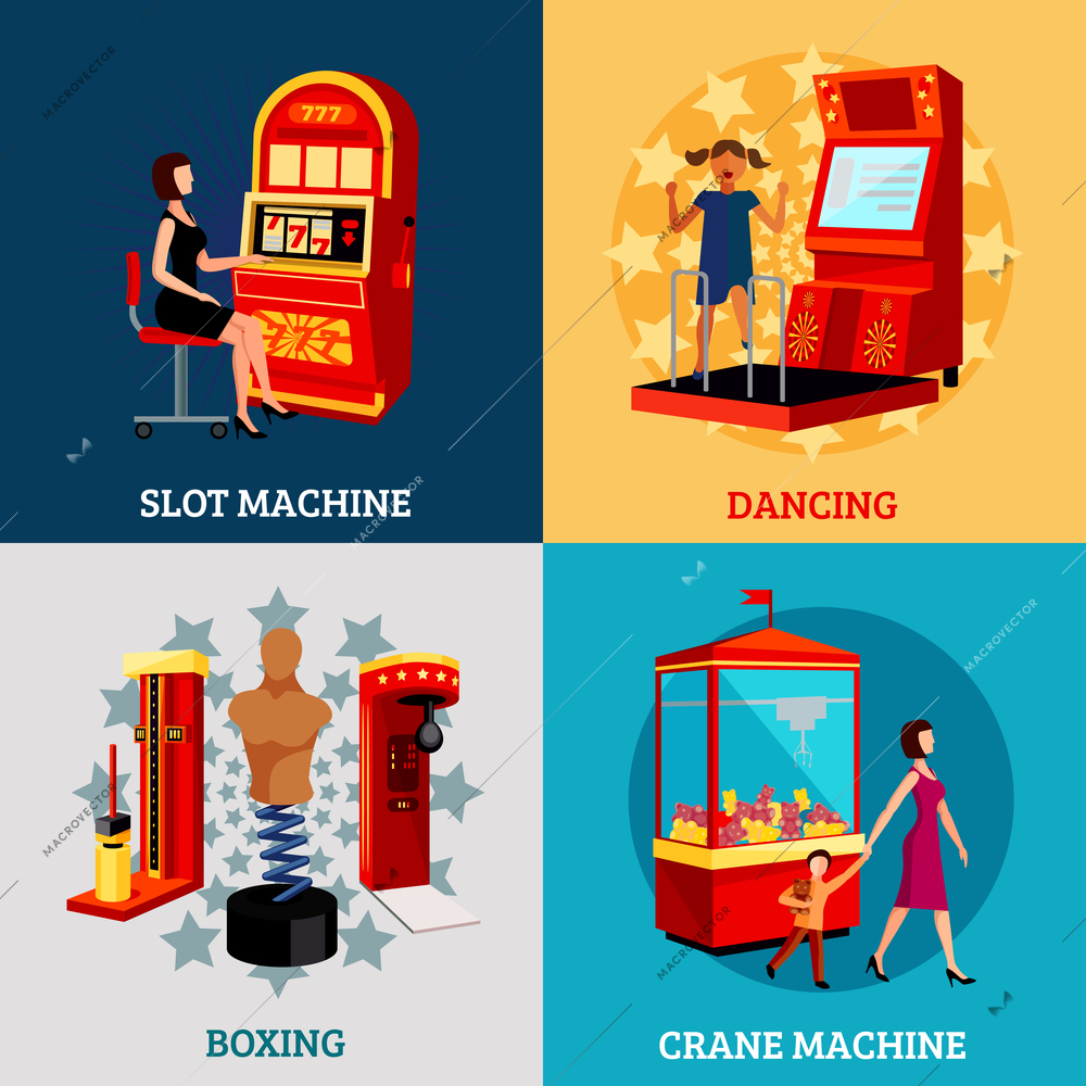 Game machine 2x2 design concept with slot dancing boxing and crane machines flat vector illustration