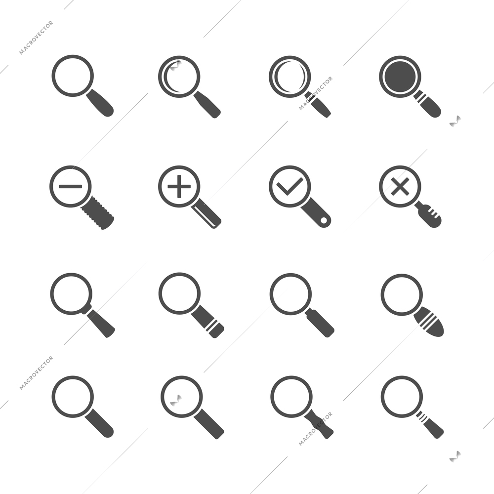 Magnifying glass for search zoom exploration and discovery icon set isolated vector illustration