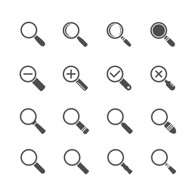 Magnifying glass for search zoom exploration and discovery icon set isolated vector illustration