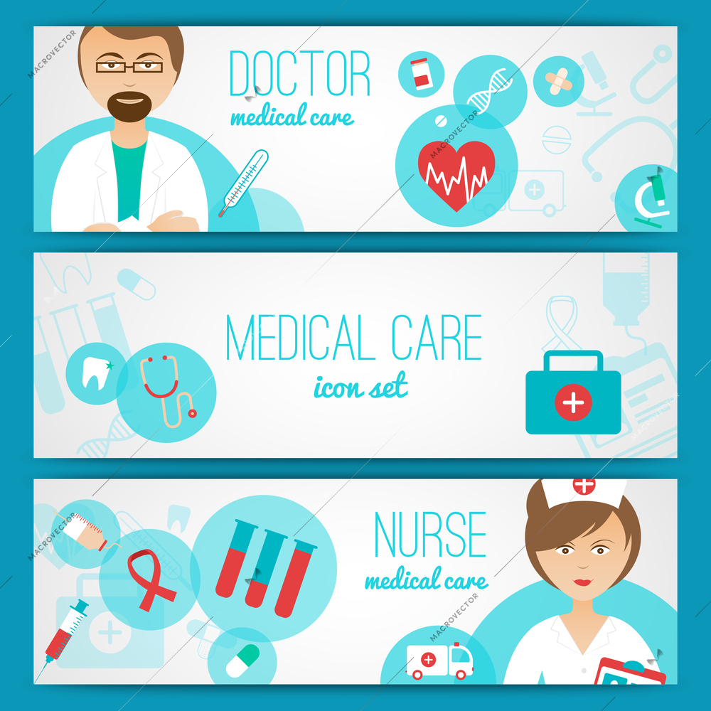 Medical doctor and nurse with first aid kit and healthcare symbols icons banners set abstract vector illustration