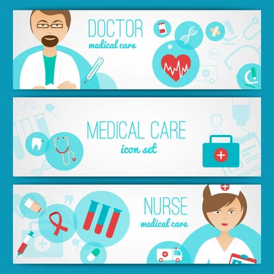 Medical doctor and nurse with first aid kit and healthcare symbols icons banners set abstract vector illustration