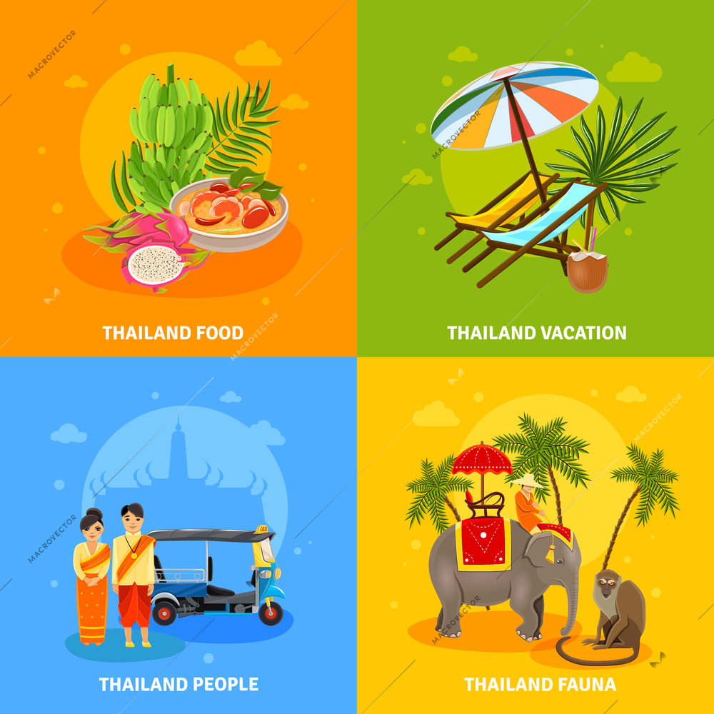 Thailand concept flat icons with food recreation people and fauna of the country vector illustration