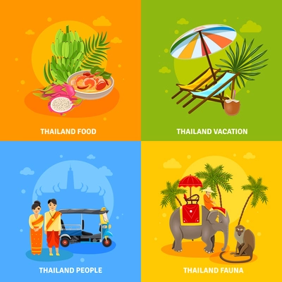 Thailand concept flat icons with food recreation people and fauna of the country vector illustration