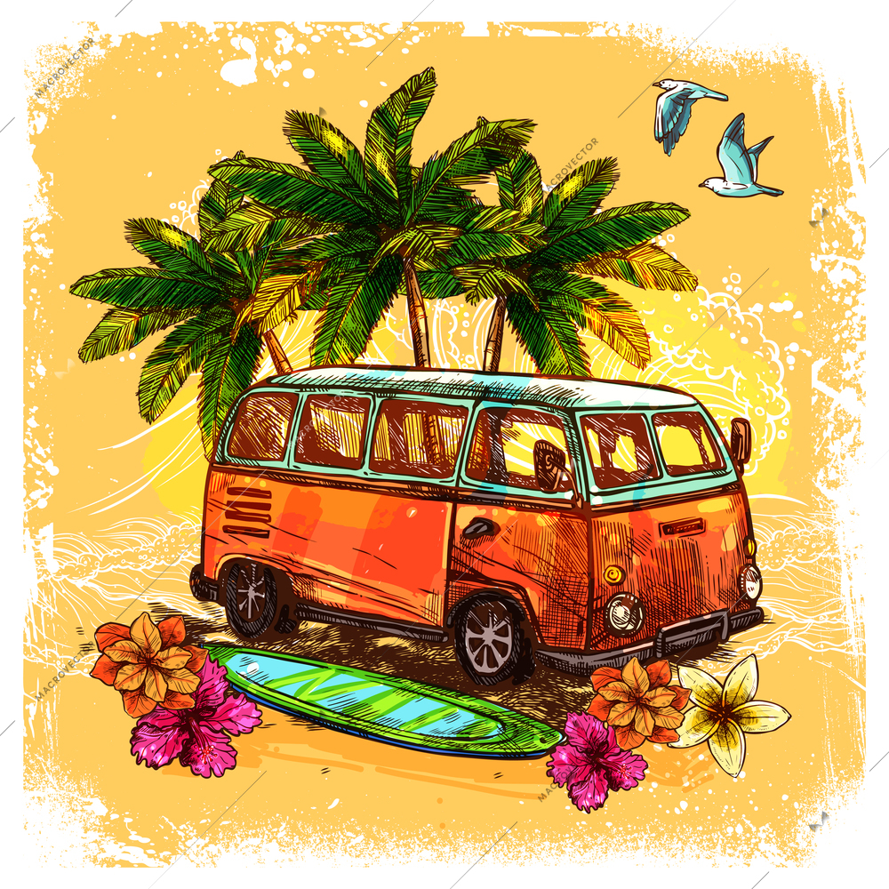 Surf or hippy style vintage old bus with surfboard flowers and palm sketch color concept vector illustration