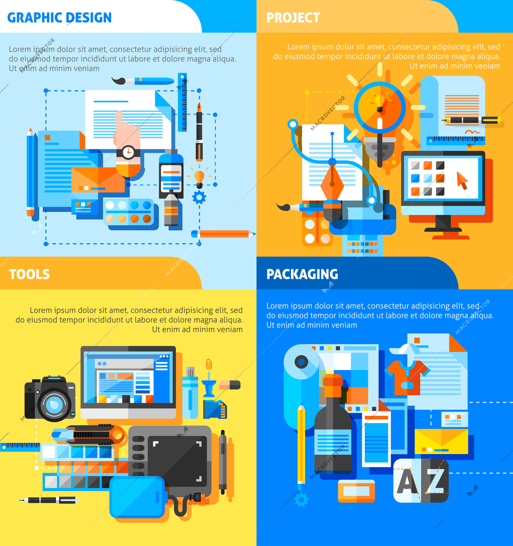 Graphic design concept icons set with project and packaging symbols flat isolated vector illustration