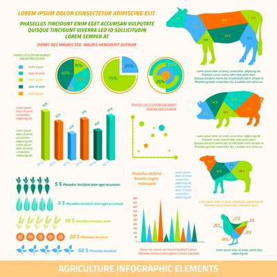 Agriculture infographics flat design elements of farm animals crop and charts vector illustration