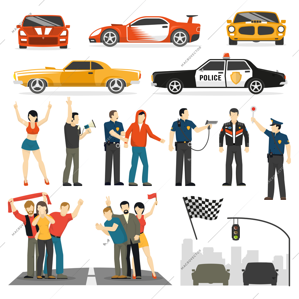 Street racing competition flat elements collection with participants observers and police car abstract vector illustration