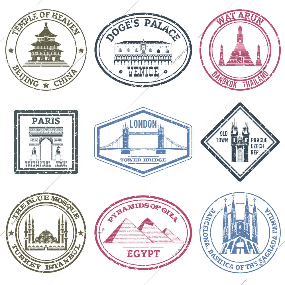 Monuments and famous world landmarks stamps set isolated vector illustration