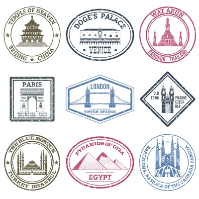 Monuments and famous world landmarks stamps set isolated vector illustration