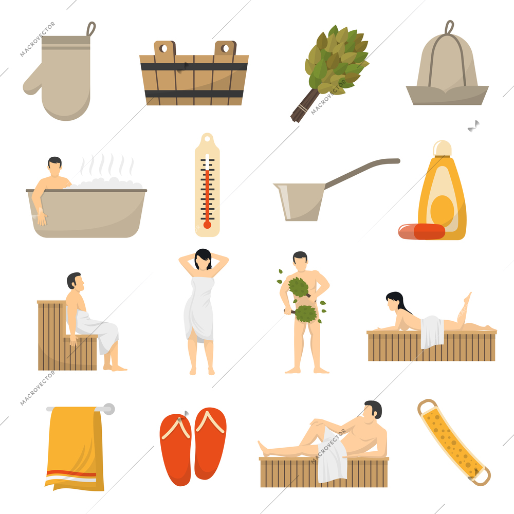 Bath sauna and spa resort accessories flat icons collection with towel thermometer bucket abstract isolated vector illustration