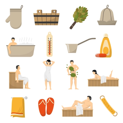 Bath sauna and spa resort accessories flat icons collection with towel thermometer bucket abstract isolated vector illustration