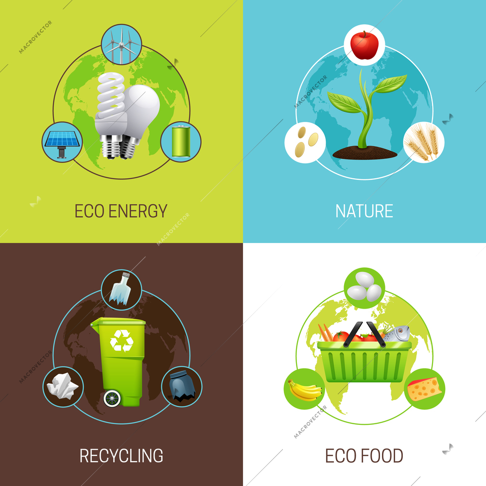 Set of icons with different types of ecology concept illustrations vector illustration