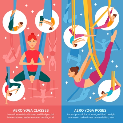 Two vertical aero yoga banner or bookmark set with women in training and titles aero yoga classes and aero yoga poses vector illustration