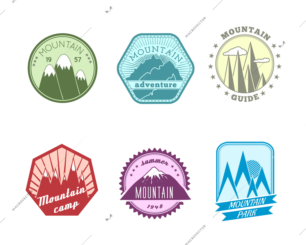 A set of high quality polyangular and round snowy mountains peaks travel guide labels icons