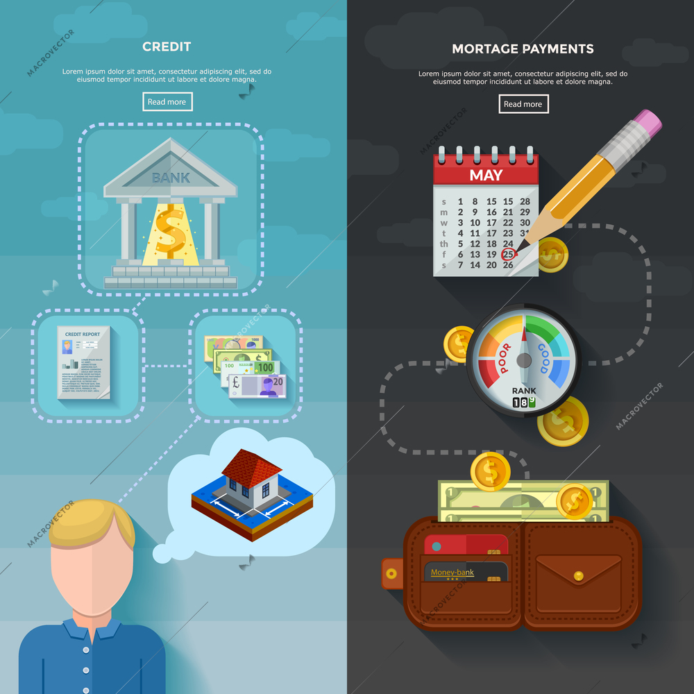 Two vertical credit rating banners with mortgage payment date in calendar wallet with money and credit score gauge