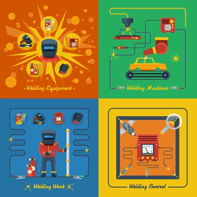 Welding 2x2 design concept set of welder equipment welding machines measuring and control instrument isolated vector illustration
