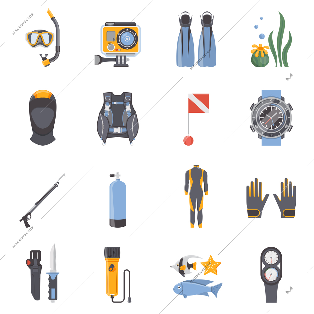 Diving and snorkeling flat decorative icons collection with aqualung wetsuit mask scuba spear gun isolated vector illustration