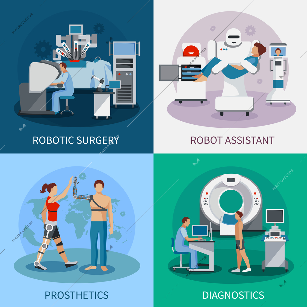 Bionic 2x2 design concept with robotic surgery  diagnostic equipment orthopedic prosthetics compositions flat vector illustration