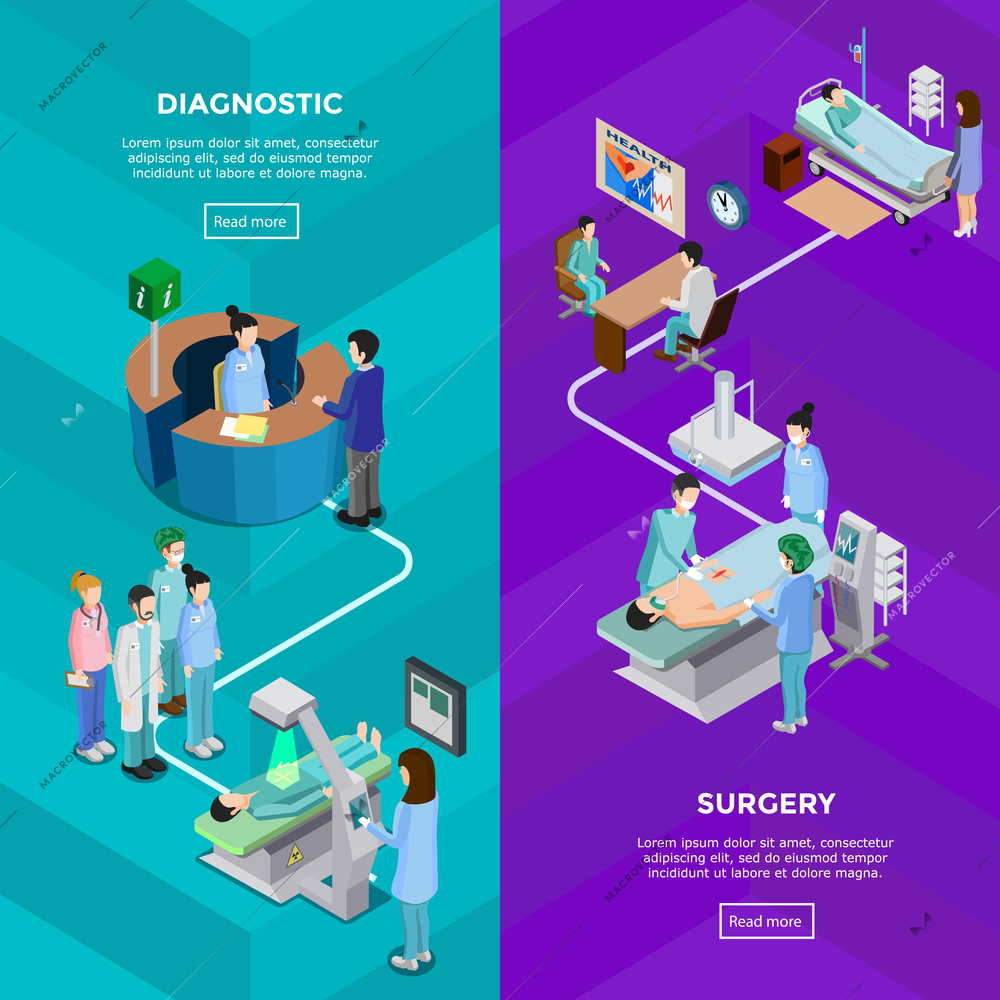 Two hospital vertical banners with functional tomography equipment and surgery operation with patient surgeons and assistants flat vector illustration