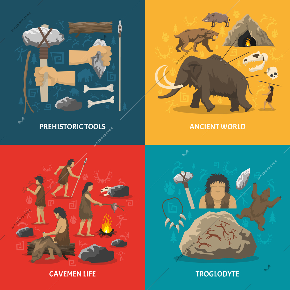 Color flat composition with title depicting prehistoric tools caveman life ancient world troglodyte isolated vector illustration