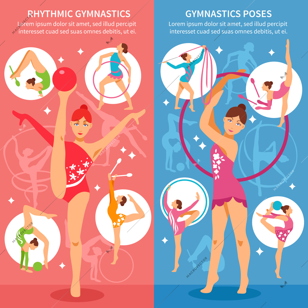 Two rhythmic gymnastics vertical banners with young beauty girls in different sports poses with gymnastics equipment flat vector illustration